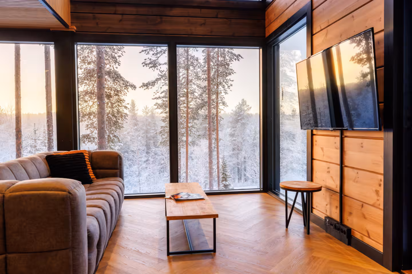 Sofa and low table facing a window wall onto sunlit winter pines